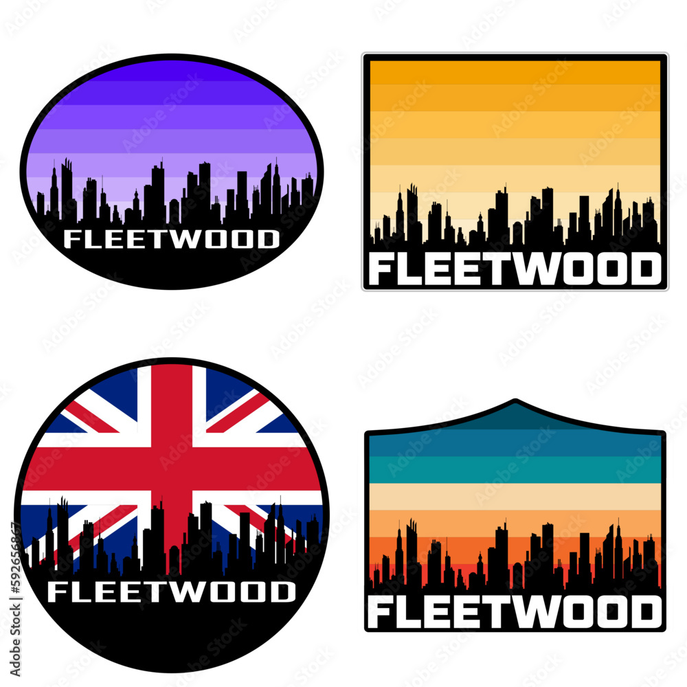 Fleetwood Skyline Silhouette Uk Flag Travel Souvenir Sticker Sunset Background Vector Illustration SVG EPS AI
