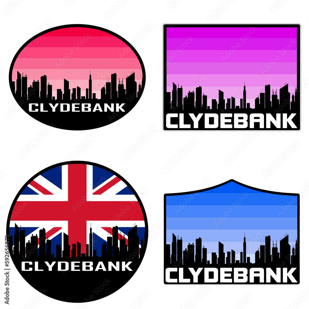 Clydebank Skyline Silhouette Uk Flag Travel Souvenir Sticker Sunset Background Vector Illustration SVG EPS AI