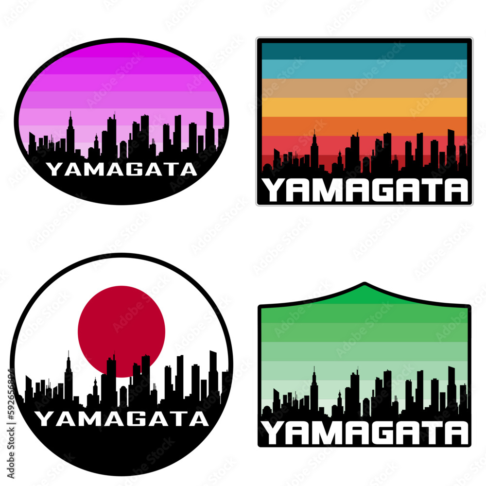 Yamagata Skyline Silhouette Japan Flag Travel Souvenir Sticker Sunset Background Vector Illustration SVG EPS AI