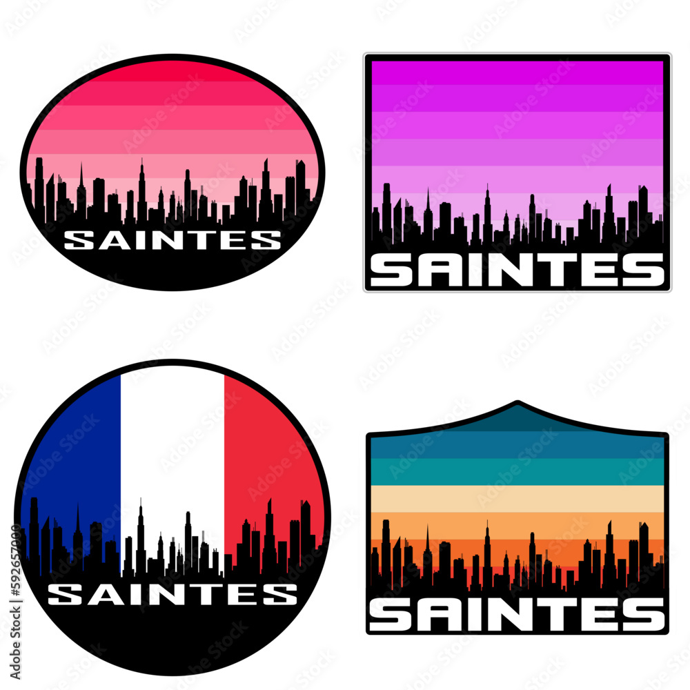 Saintes Skyline Silhouette France Flag Travel Souvenir Sticker Sunset Background Vector Illustration SVG EPS AI