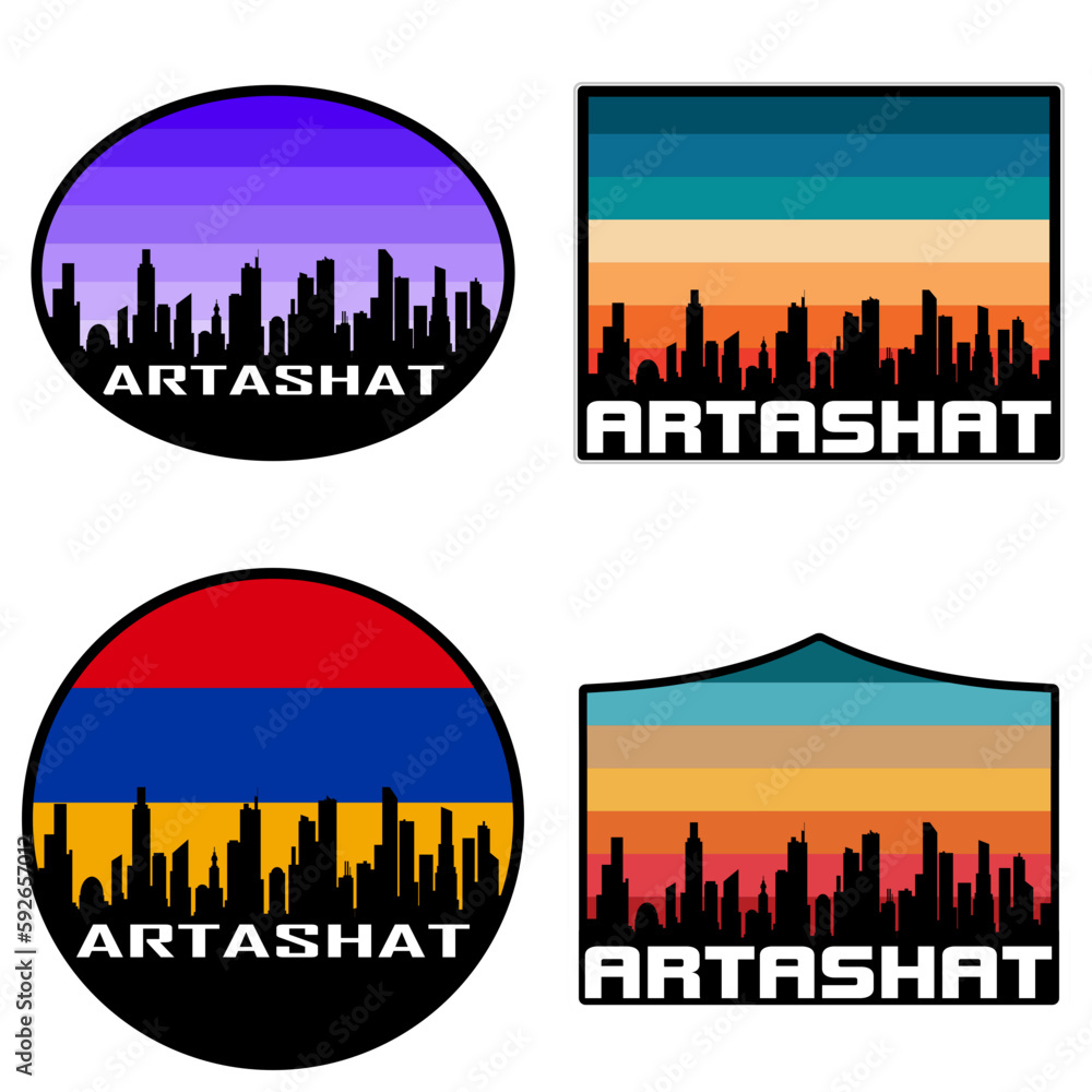 Artashat Skyline Silhouette Armenia Flag Travel Souvenir Sticker Sunset Background Vector Illustration SVG EPS AI