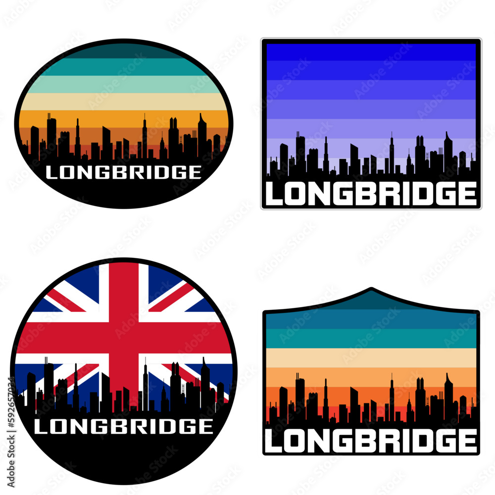 Longbridge Skyline Silhouette Uk Flag Travel Souvenir Sticker Sunset Background Vector Illustration SVG EPS AI
