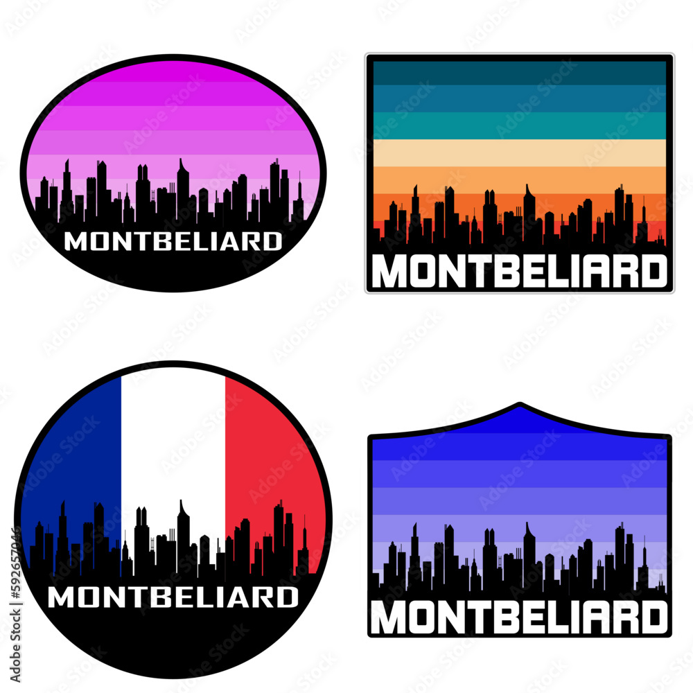 Montbeliard Skyline Silhouette France Flag Travel Souvenir Sticker Sunset Background Vector Illustration SVG EPS AI