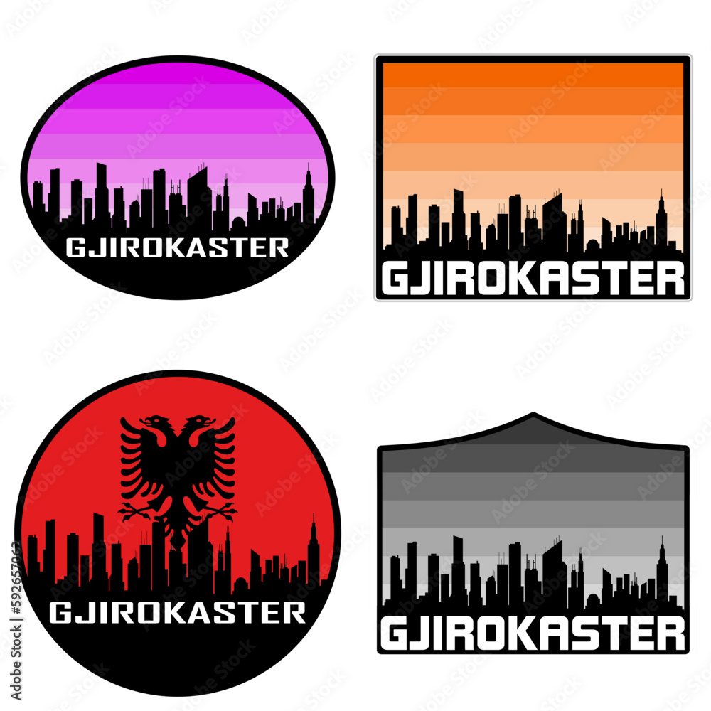 Gjirokaster Skyline Silhouette Albania Flag Travel Souvenir Sticker Sunset Background Vector Illustration SVG EPS AI
