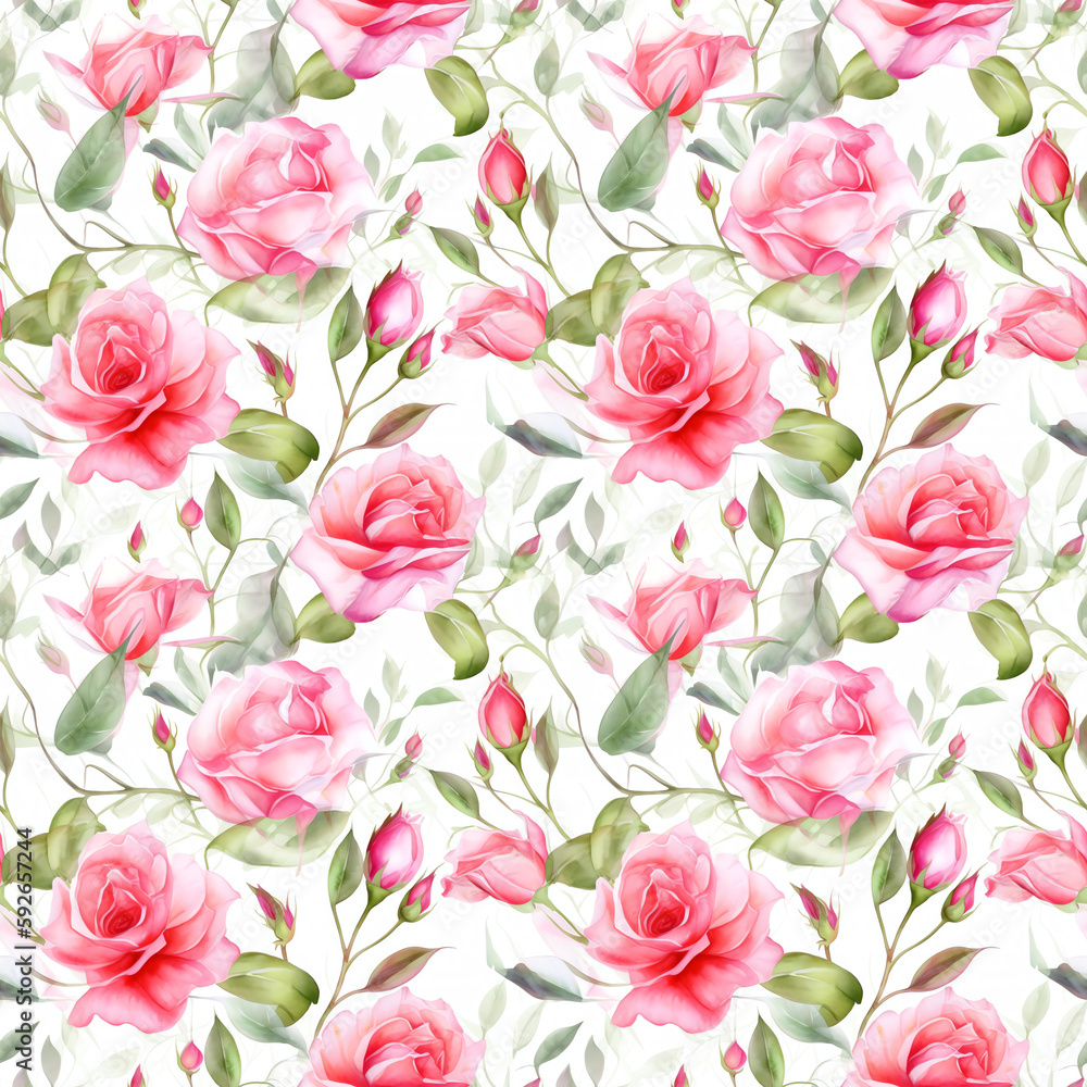 Bright pink Roses- Seamless Floral Print - Seamless Watercolor Pattern Flowers - perfect for wrappers, wallpapers, postcards, greeting cards, wedding invitations, romantic events.