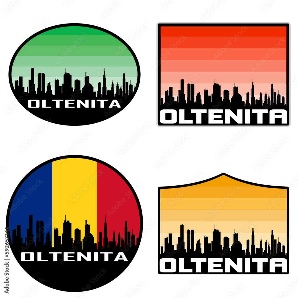 Oltenita Skyline Silhouette Romania Flag Travel Souvenir Sticker Sunset Background Vector Illustration SVG EPS AI