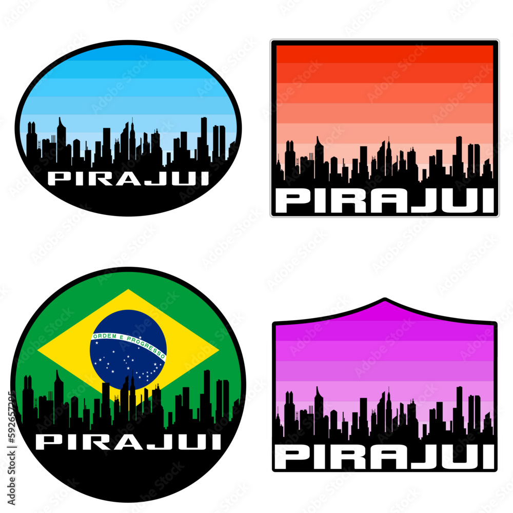 Pirajui Skyline Silhouette Brazil Flag Travel Souvenir Sticker Sunset Background Vector Illustration SVG EPS AI