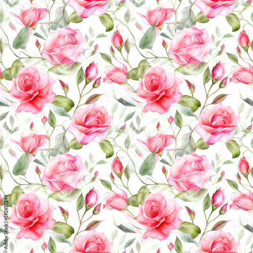 Bright pink Roses- Seamless Floral Print - Seamless Watercolor Pattern Flowers - perfect for wrappers, wallpapers, postcards, greeting cards, wedding invitations, romantic events.