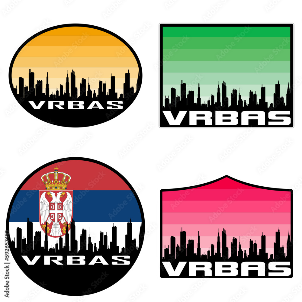 Vrbas Skyline Silhouette Serbia Flag Travel Souvenir Sticker Sunset Background Vector Illustration SVG EPS AI