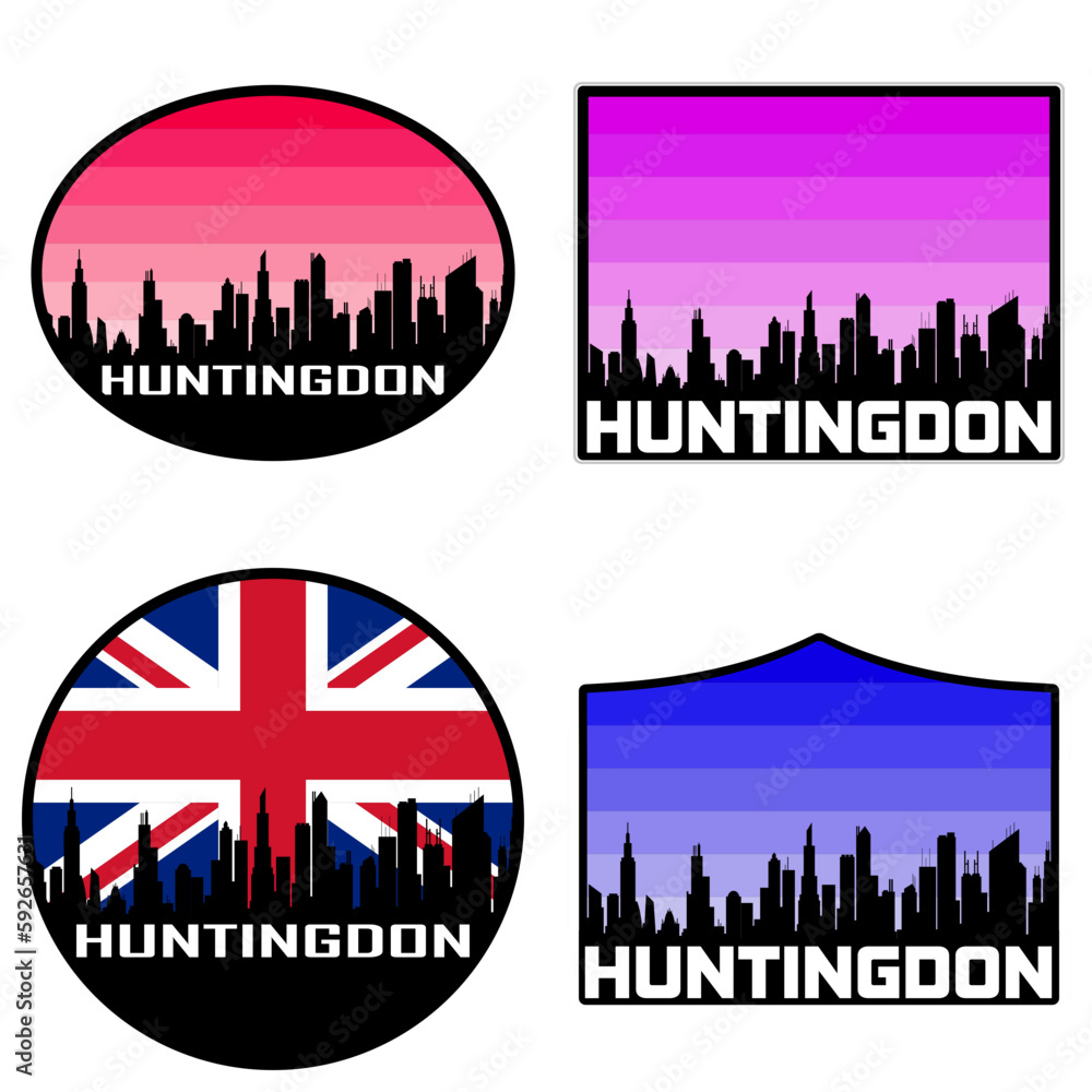 Huntingdon Skyline Silhouette Uk Flag Travel Souvenir Sticker Sunset Background Vector Illustration SVG EPS AI