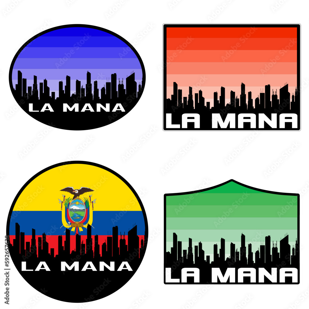 La Mana Skyline Silhouette Ecuador Flag Travel Souvenir Sticker Sunset Background Vector Illustration SVG EPS AI