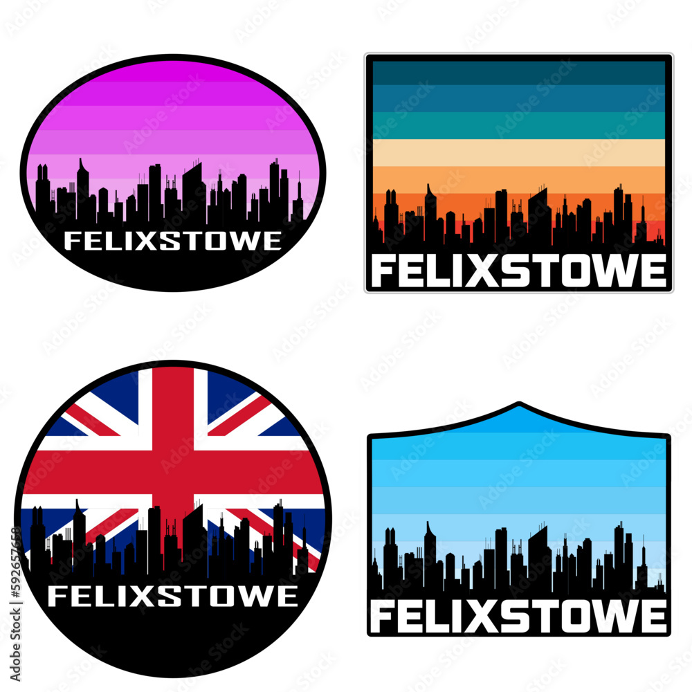 Felixstowe Skyline Silhouette Uk Flag Travel Souvenir Sticker Sunset Background Vector Illustration SVG EPS AI