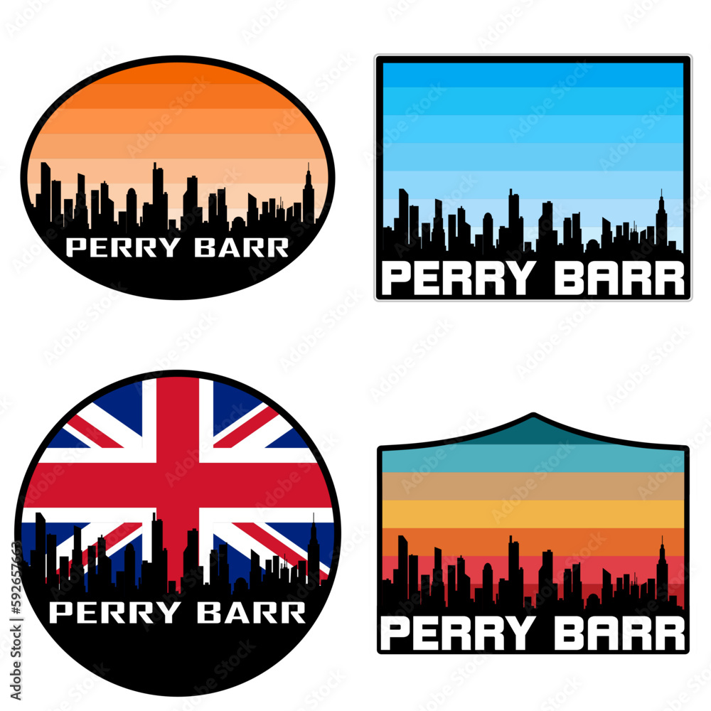 Perry Barr Skyline Silhouette Uk Flag Travel Souvenir Sticker Sunset Background Vector Illustration SVG EPS AI