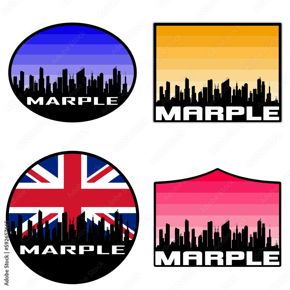 Marple Skyline Silhouette Uk Flag Travel Souvenir Sticker Sunset Background Vector Illustration SVG EPS AI