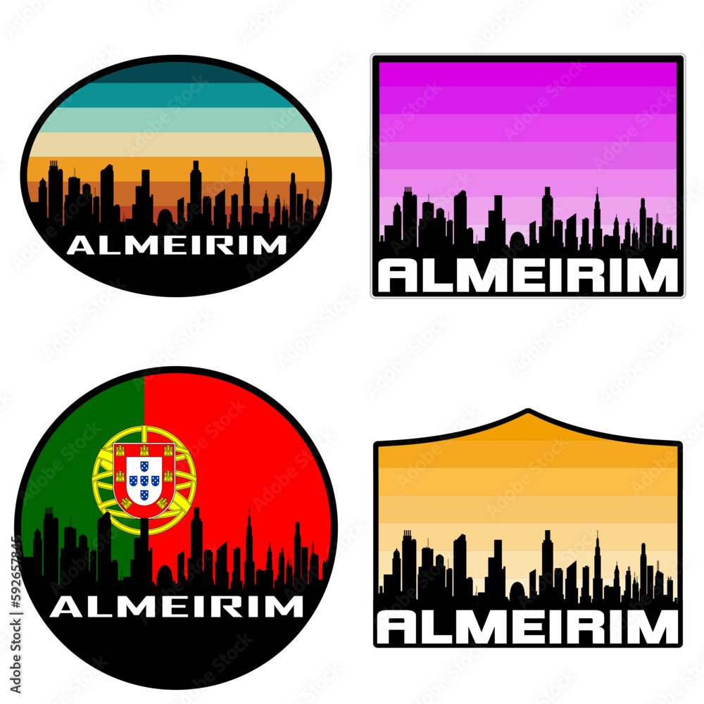 Almeirim Skyline Silhouette Portugal Flag Travel Souvenir Sticker Sunset Background Vector Illustration SVG EPS AI