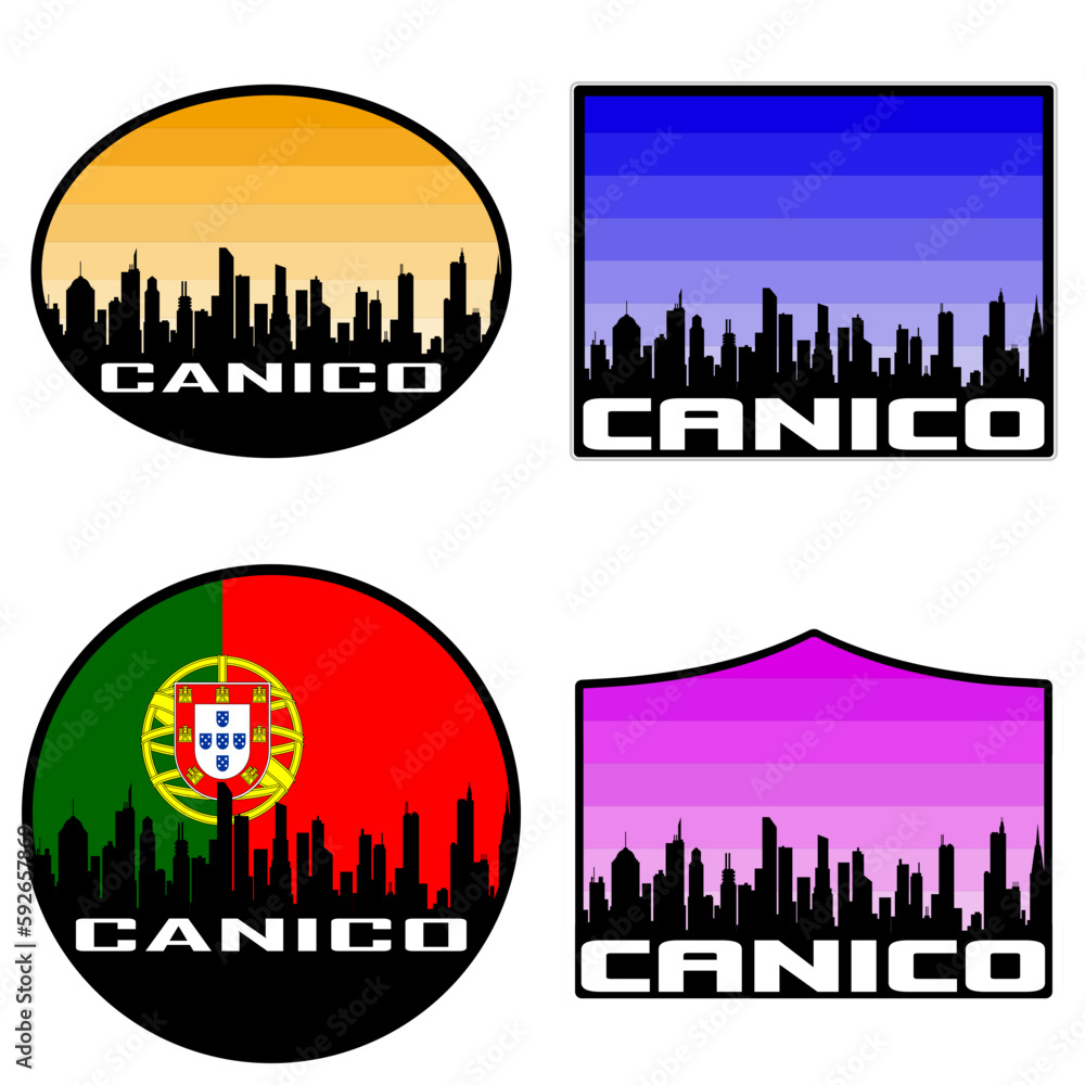 Canico Skyline Silhouette Portugal Flag Travel Souvenir Sticker Sunset Background Vector Illustration SVG EPS AI