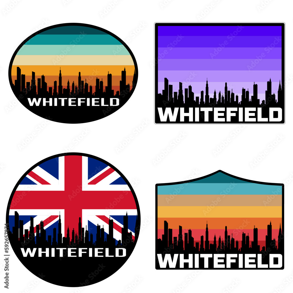 Whitefield Skyline Silhouette Uk Flag Travel Souvenir Sticker Sunset Background Vector Illustration SVG EPS AI