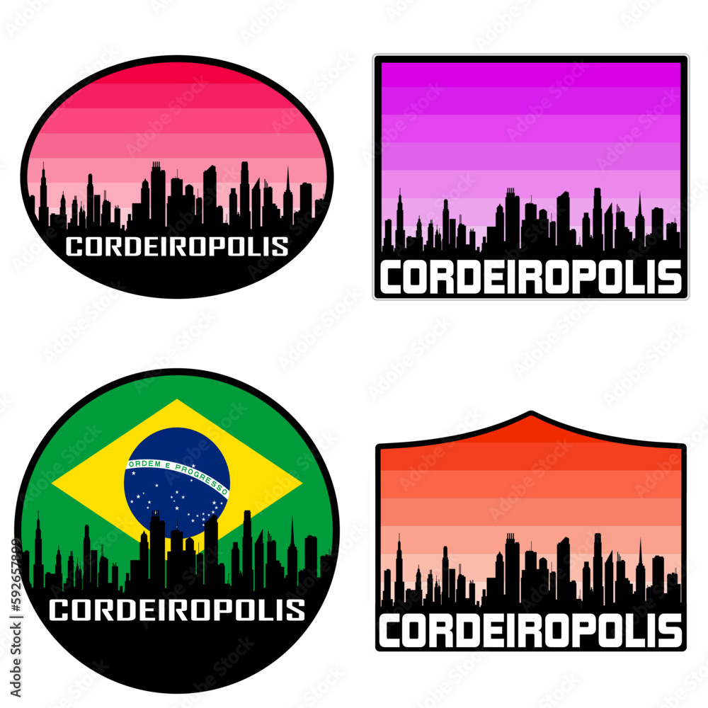 Cordeiropolis Skyline Silhouette Brazil Flag Travel Souvenir Sticker Sunset Background Vector Illustration SVG EPS AI