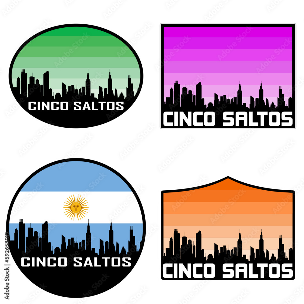 Cinco Saltos Skyline Silhouette Argentina Flag Travel Souvenir Sticker Sunset Background Vector Illustration SVG EPS AI