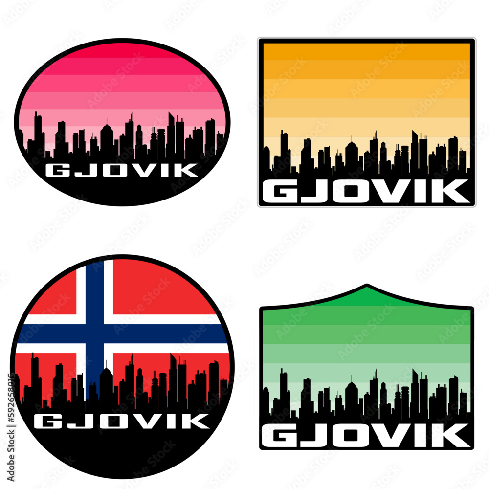 Gjovik Skyline Silhouette Norway Flag Travel Souvenir Sticker Sunset Background Vector Illustration SVG EPS AI