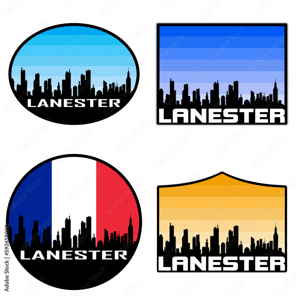 Lanester Skyline Silhouette France Flag Travel Souvenir Sticker Sunset Background Vector Illustration SVG EPS AI