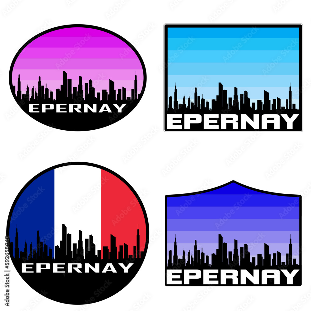 Epernay Skyline Silhouette France Flag Travel Souvenir Sticker Sunset Background Vector Illustration SVG EPS AI