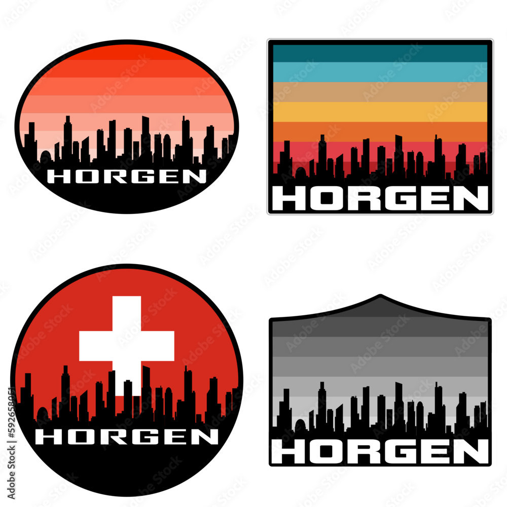 Horgen Skyline Silhouette Switzerland Flag Travel Souvenir Sticker Sunset Background Vector Illustration SVG EPS AI