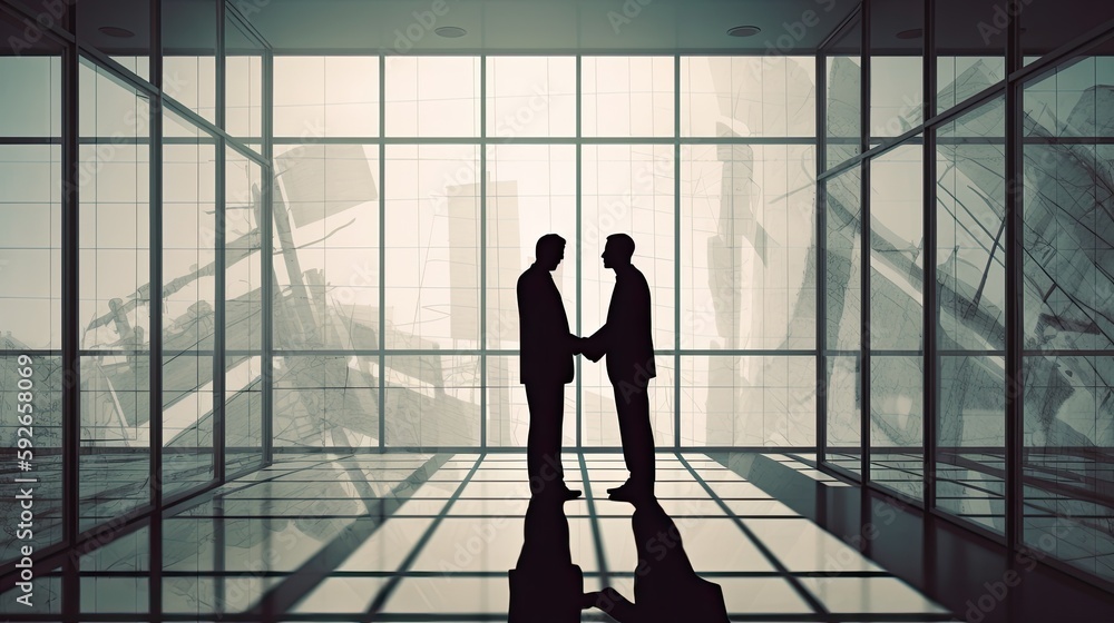 silhouettes two businessmen handshake in cooperation agreement concept at office and successful business partner. business man shaking hands to seal a deal with his partner. Generative Ai. silhouettes two businessmen handshake in cooperation agreement concept at office and successful business partner. business man shaking hands to seal a deal with his partner. Generative Ai.