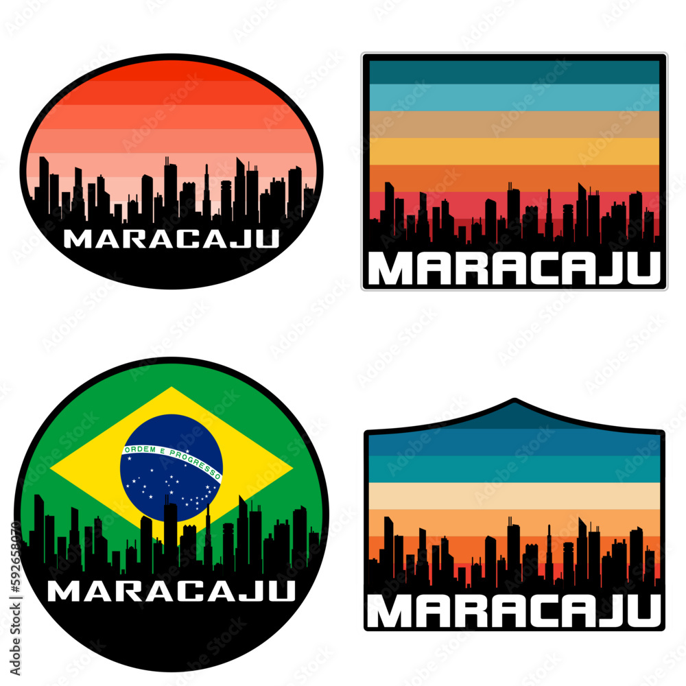 Maracaju Skyline Silhouette Brazil Flag Travel Souvenir Sticker Sunset Background Vector Illustration SVG EPS AI