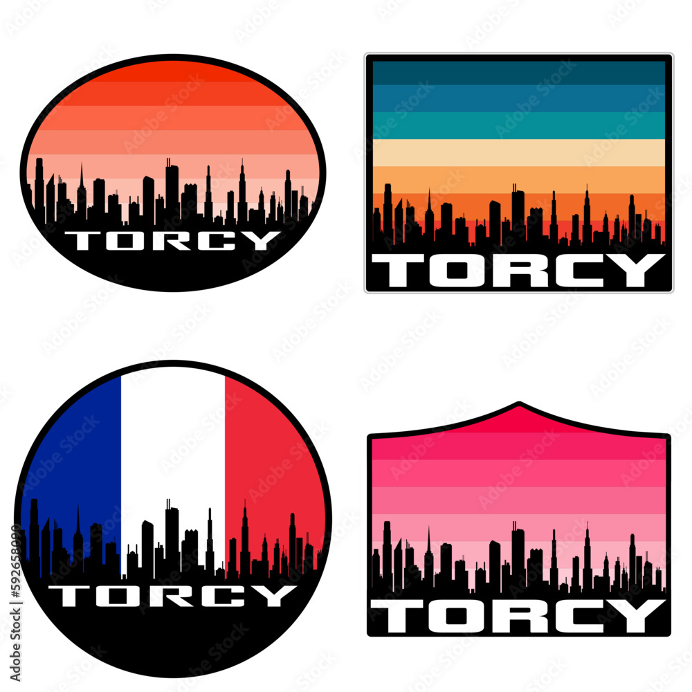 Torcy Skyline Silhouette France Flag Travel Souvenir Sticker Sunset Background Vector Illustration SVG EPS AI