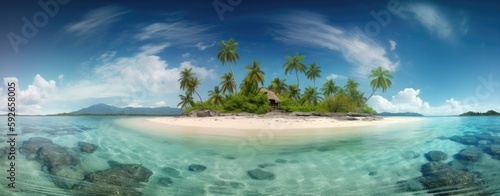 tropical paradise beach with white sand and coco palms travel tourism wide panorama background concept. Generative Ai. © Kowit