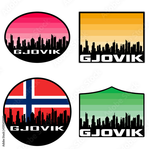 Gjovik Skyline Silhouette Norway Flag Travel Souvenir Sticker Sunset Background Vector Illustration SVG EPS AI