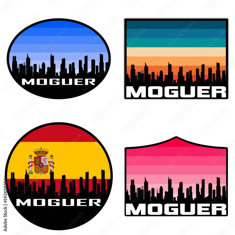 Moguer Skyline Silhouette Spain Flag Travel Souvenir Sticker Sunset Background Vector Illustration SVG EPS AI