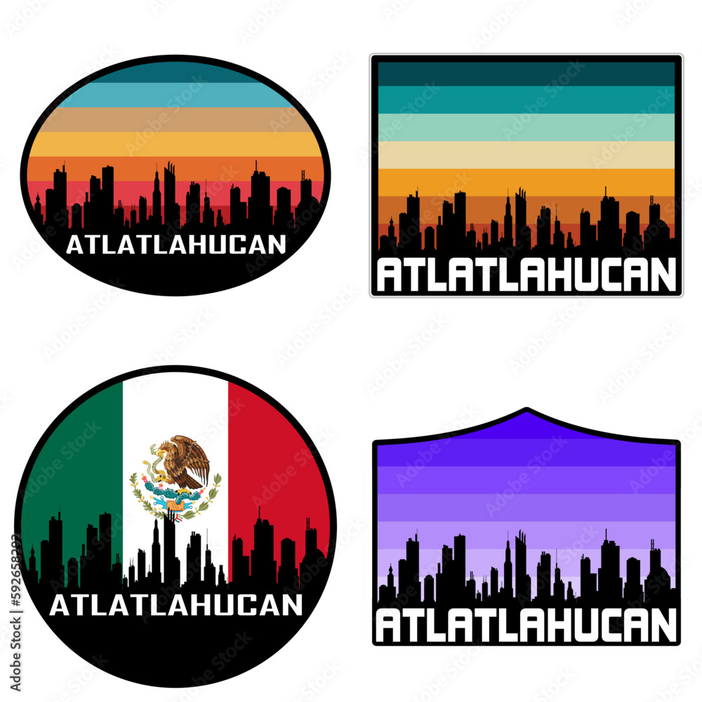 Atlatlahucan Skyline Silhouette Mexico Flag Travel Souvenir Sticker Sunset Background Vector Illustration SVG EPS AI