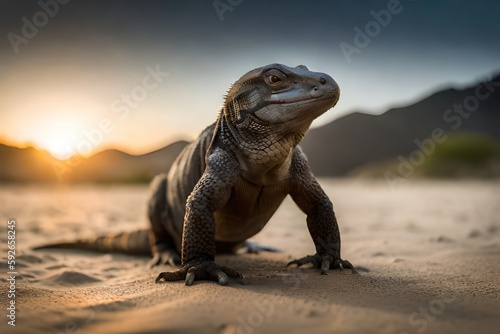 Large lizzard Iguana in a shore of a Desert at Sunset. © JERÓNIMO
