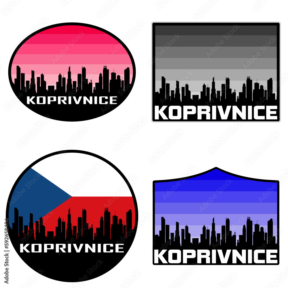 Koprivnice Skyline Silhouette Czech Flag Travel Souvenir Sticker Sunset Background Vector Illustration SVG EPS AI