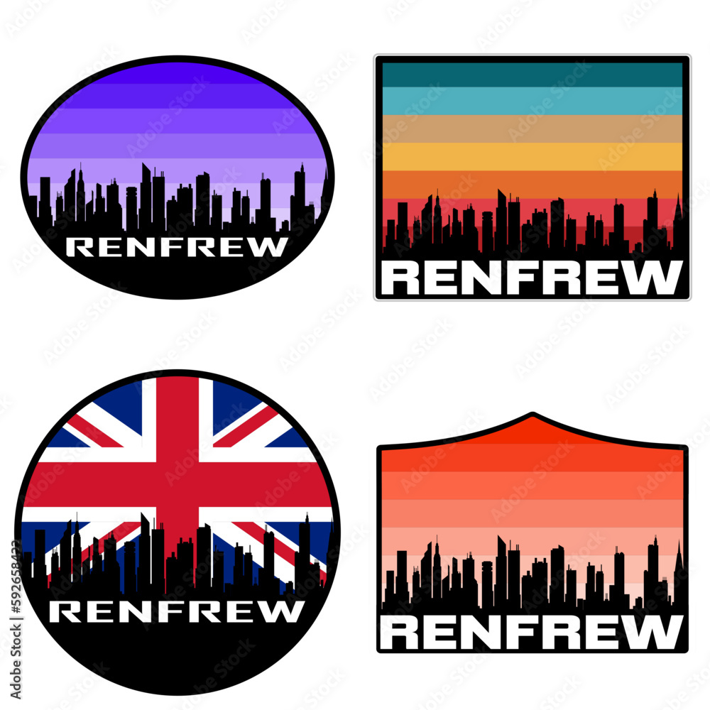 Renfrew Skyline Silhouette Uk Flag Travel Souvenir Sticker Sunset Background Vector Illustration SVG EPS AI
