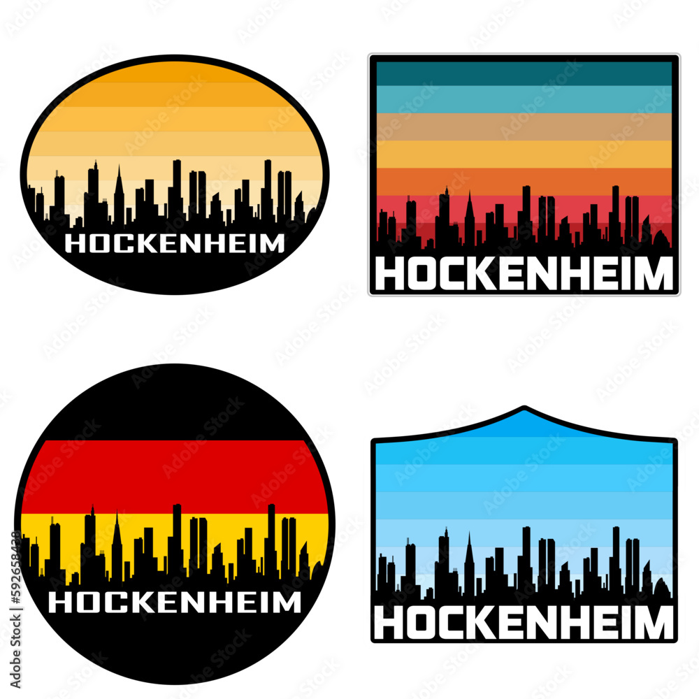 Hockenheim Skyline Silhouette Germany Flag Travel Souvenir Sticker Sunset Background Vector Illustration SVG EPS AI