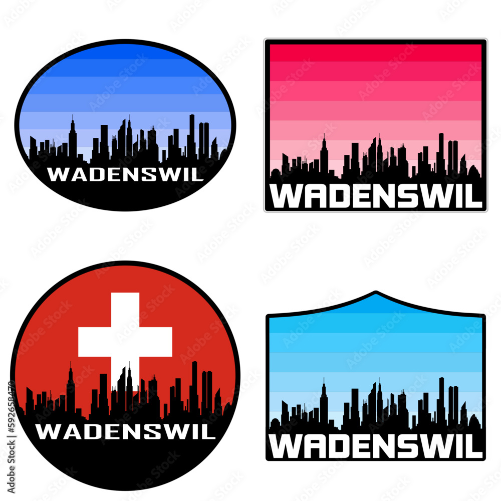 Wadenswil Skyline Silhouette Switzerland Flag Travel Souvenir Sticker Sunset Background Vector Illustration SVG EPS AI