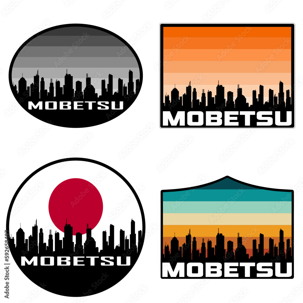 Mobetsu Skyline Silhouette Japan Flag Travel Souvenir Sticker Sunset Background Vector Illustration SVG EPS AI