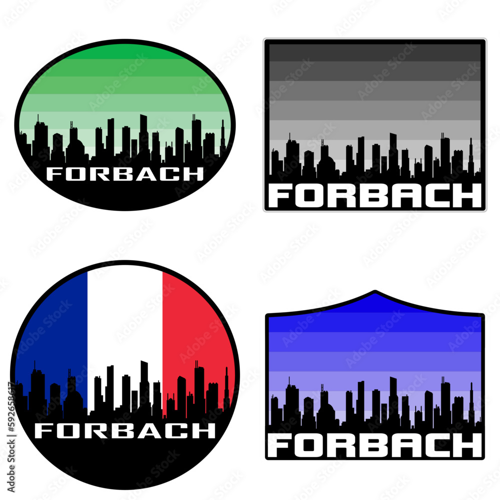 Forbach Skyline Silhouette France Flag Travel Souvenir Sticker Sunset Background Vector Illustration SVG EPS AI