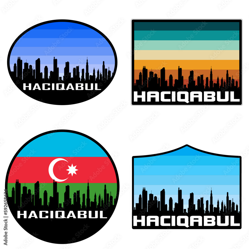 Haciqabul Skyline Silhouette Azerbaijan Flag Travel Souvenir Sticker Sunset Background Vector Illustration SVG EPS AI