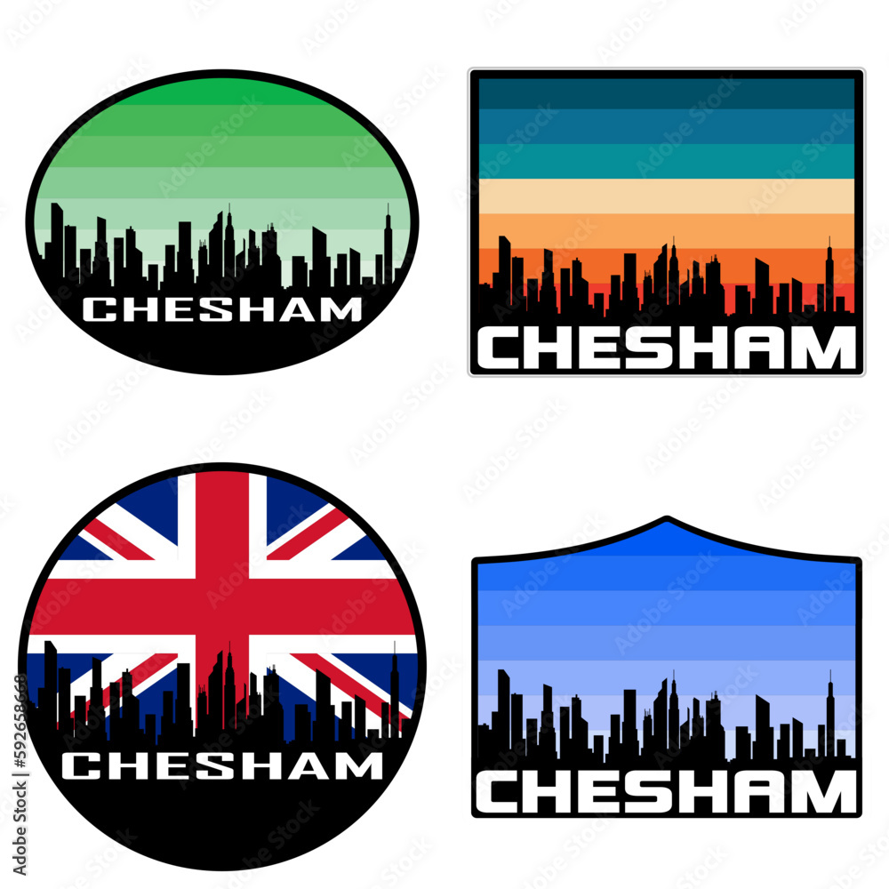 Chesham Skyline Silhouette Uk Flag Travel Souvenir Sticker Sunset Background Vector Illustration SVG EPS AI