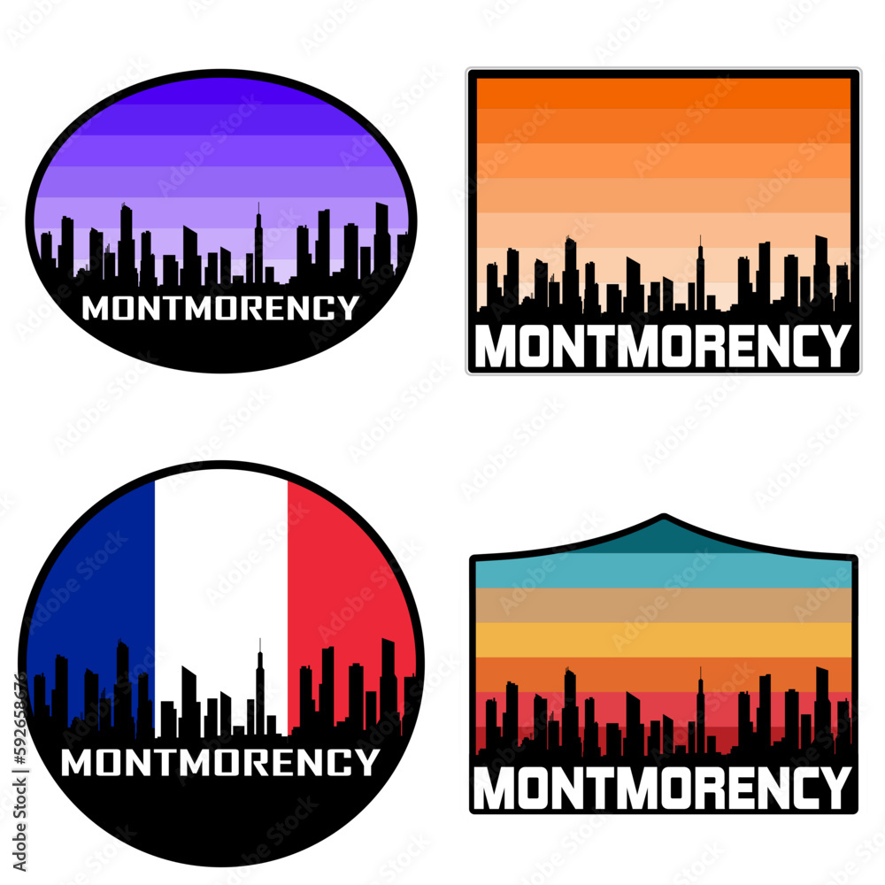 Montmorency Skyline Silhouette France Flag Travel Souvenir Sticker Sunset Background Vector Illustration SVG EPS AI