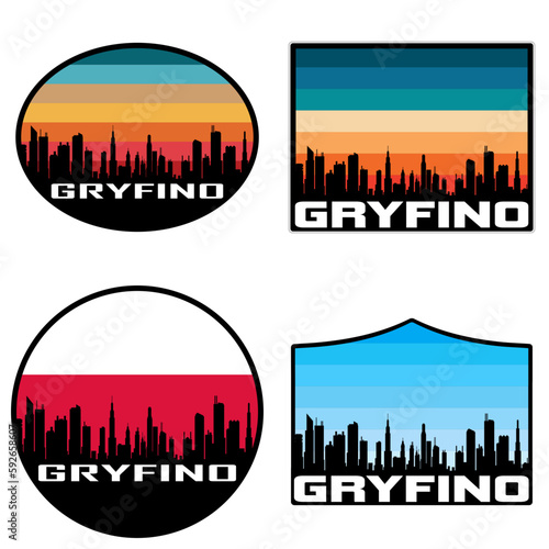 Gryfino Skyline Silhouette Poland Flag Travel Souvenir Sticker Sunset Background Vector Illustration SVG EPS AI photo