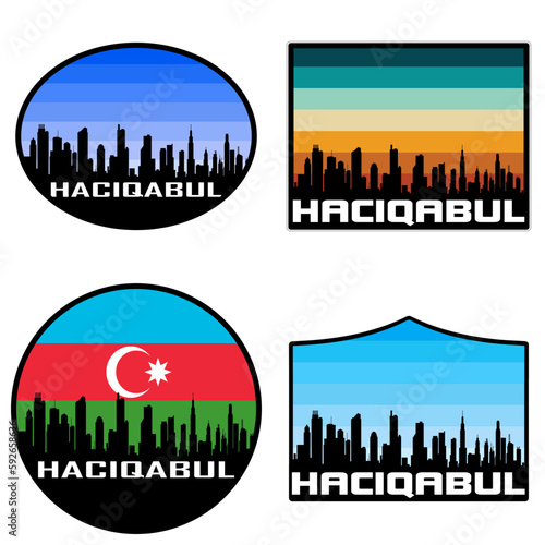 Haciqabul Skyline Silhouette Azerbaijan Flag Travel Souvenir Sticker Sunset Background Vector Illustration SVG EPS AI