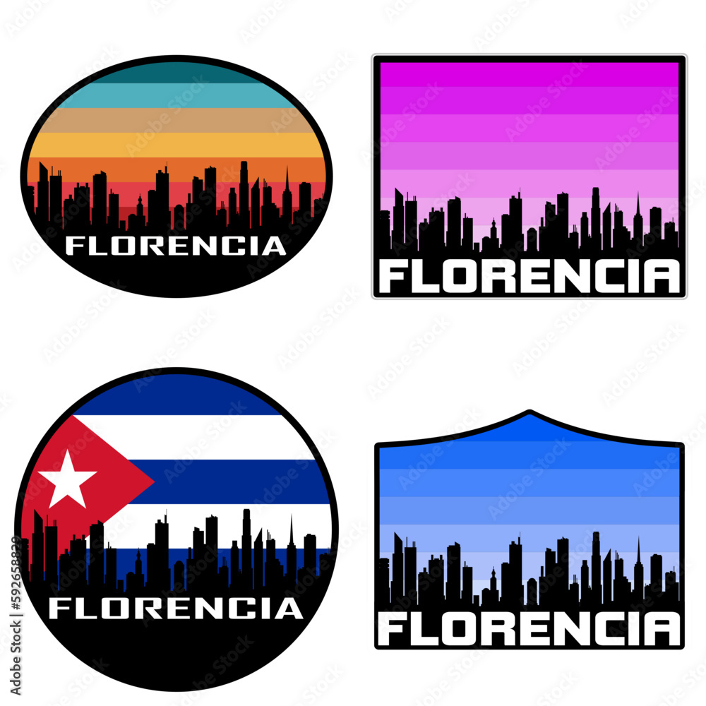 Florencia Skyline Silhouette Cuba Flag Travel Souvenir Sticker Sunset Background Vector Illustration SVG EPS AI