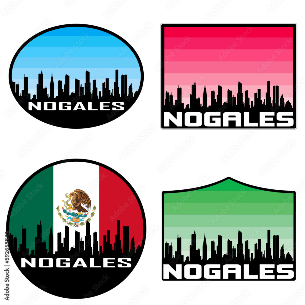 Nogales Skyline Silhouette Mexico Flag Travel Souvenir Sticker Sunset Background Vector Illustration SVG EPS AI