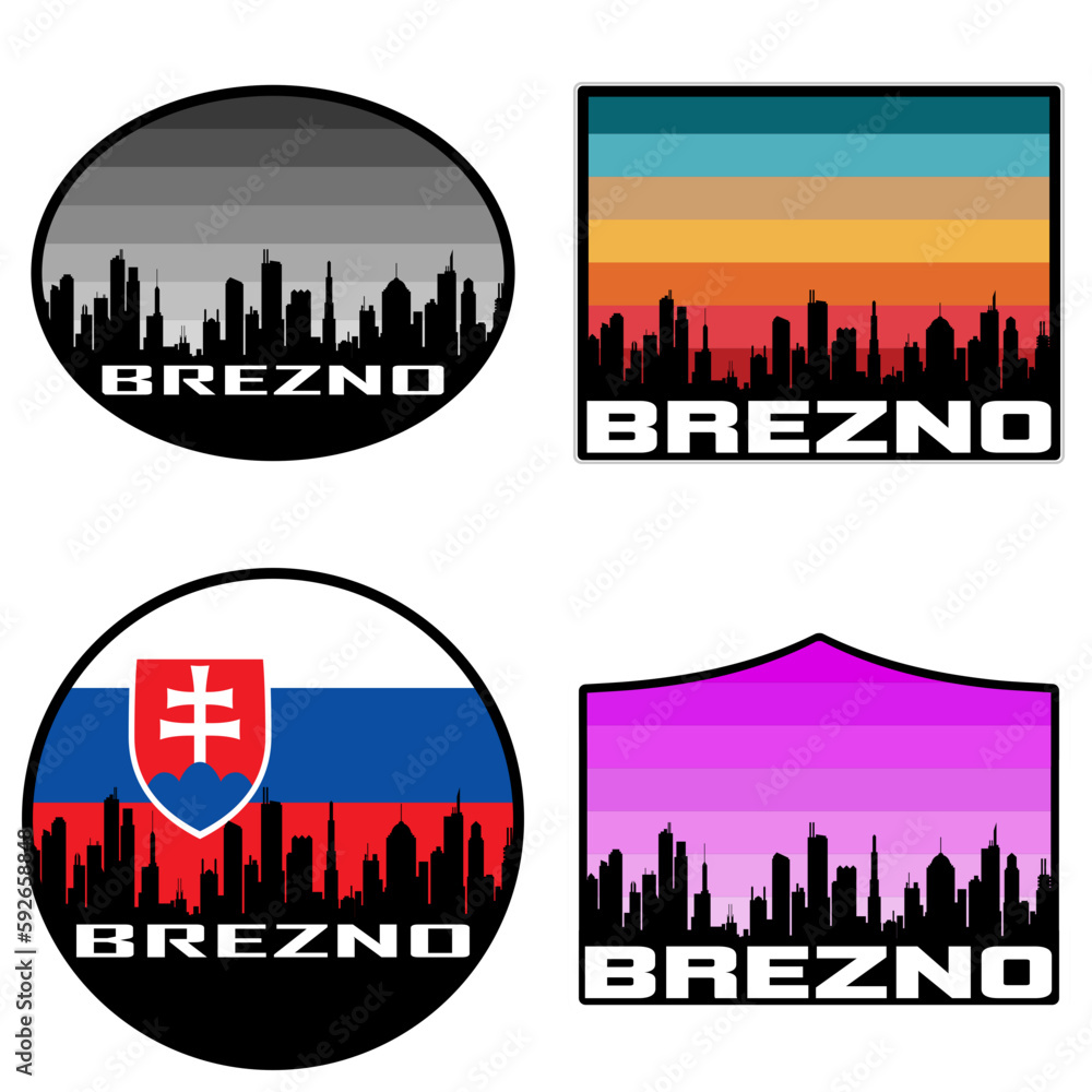 Brezno Skyline Silhouette Slovakia Flag Travel Souvenir Sticker Sunset Background Vector Illustration SVG EPS AI