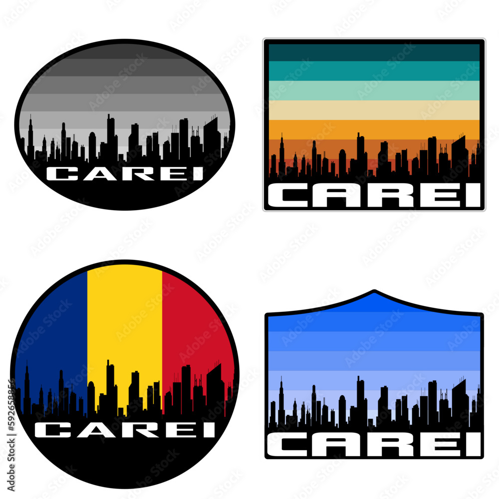 Carei Skyline Silhouette Romania Flag Travel Souvenir Sticker Sunset Background Vector Illustration SVG EPS AI